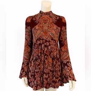 Free People Boho Paisley High-Neck Tunic Dress in Burgundy & Rust